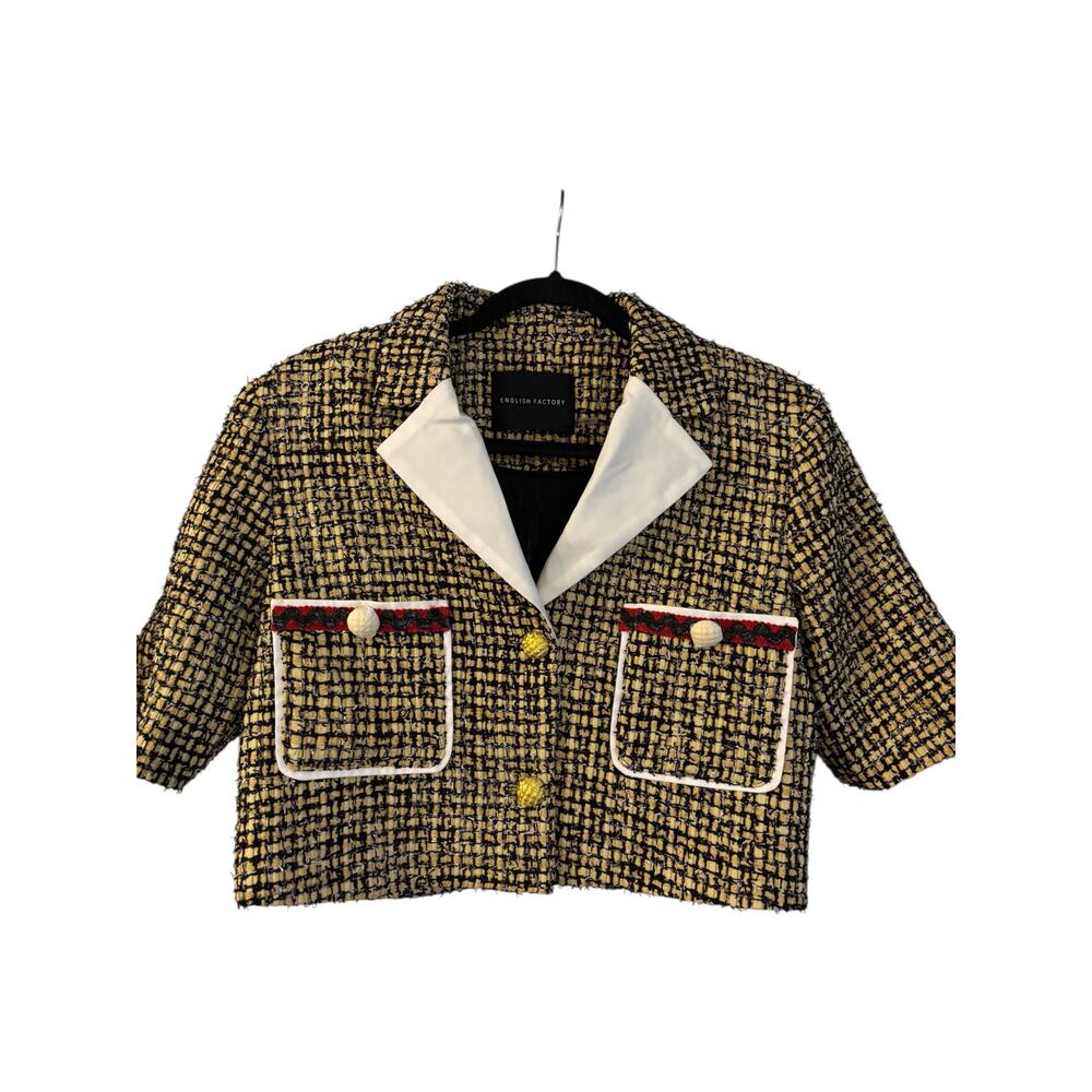 English Factory Women’s Premium Cropped Tweed Jacket Gold Buttons Size L NEW